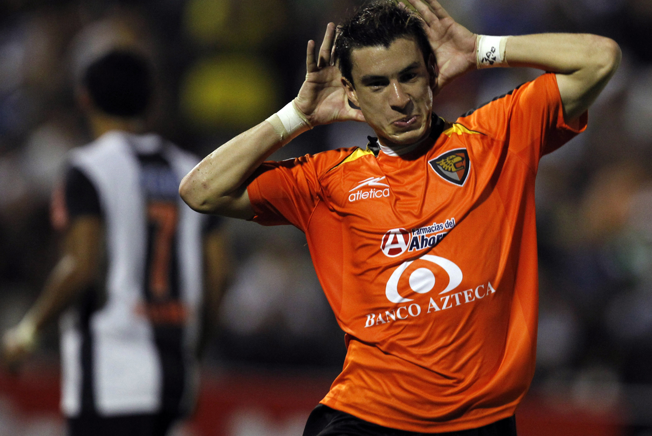 Jorge Rodriguez of Mexico's Jaguares de Chiapas celebrates a goal against Peru's Alianza Lima during their Libertadores cup soccer match in Lima