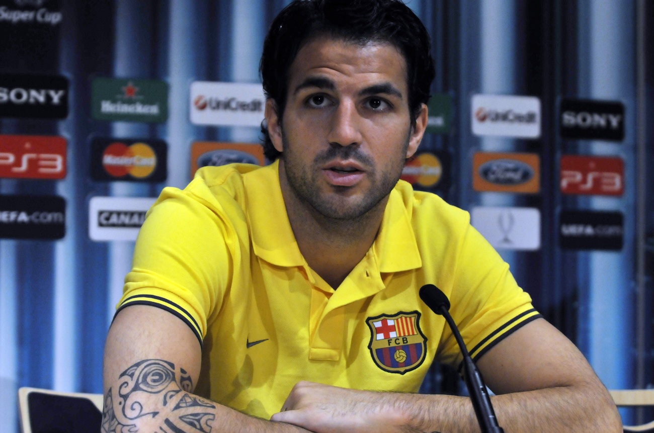 FC Barcelona's soccer player Cesc Fabregas attends a news conference at Monaco's Grimaldi Forum in Monte-Carlo