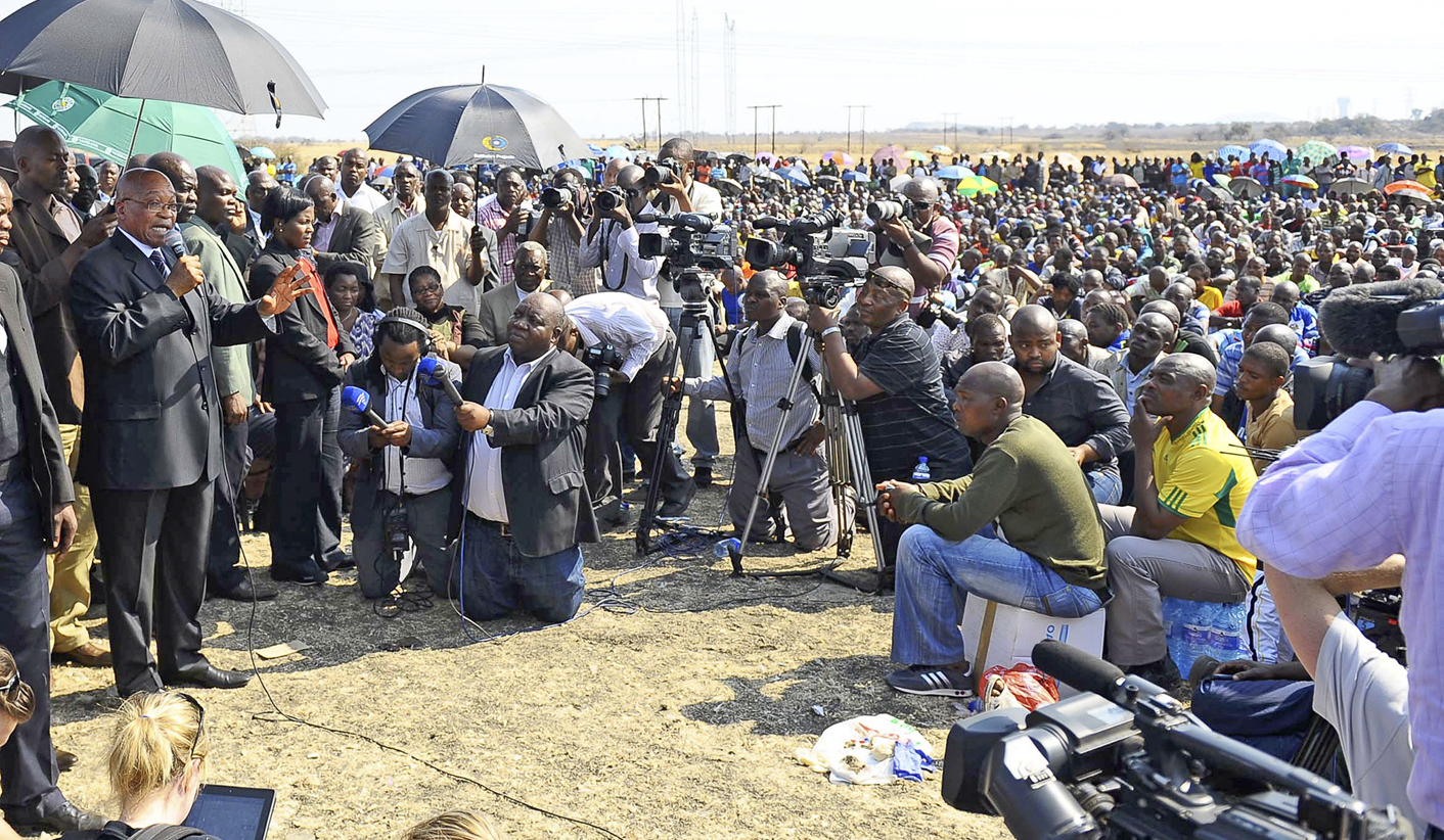 South Africa's President Jacob Zuma addresses striking miners outside a South African mine in Rustenburg