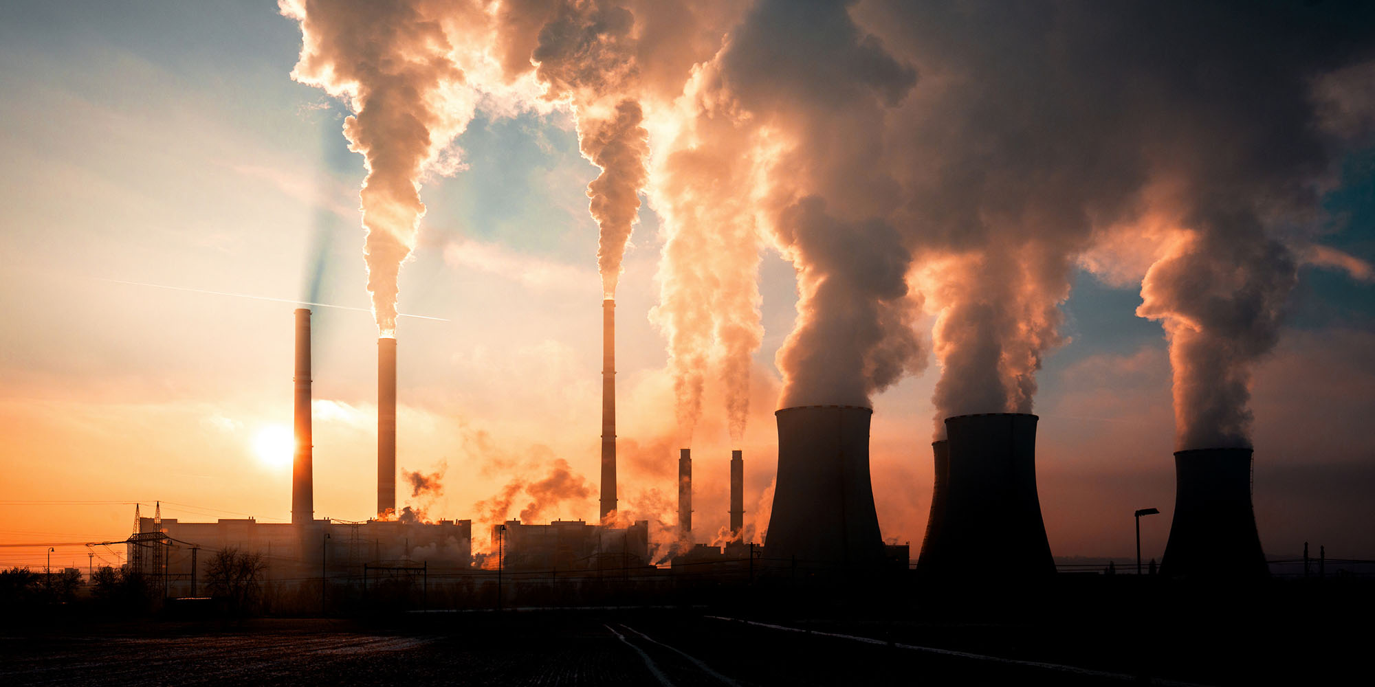 coal fired power station silhouette at sunset, Pocerady, Czech r
