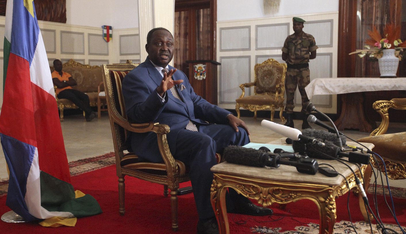 Central African president Bozize speaks during a news conference at the presidential palace in Bangu