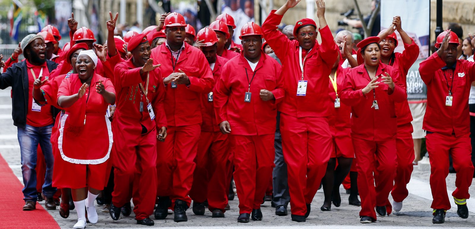 Economic Freedom Fighters (EFF) leader Julius Malema arrives with members of his party for President Jacob Zuma's State of the Nation address in Cape Town