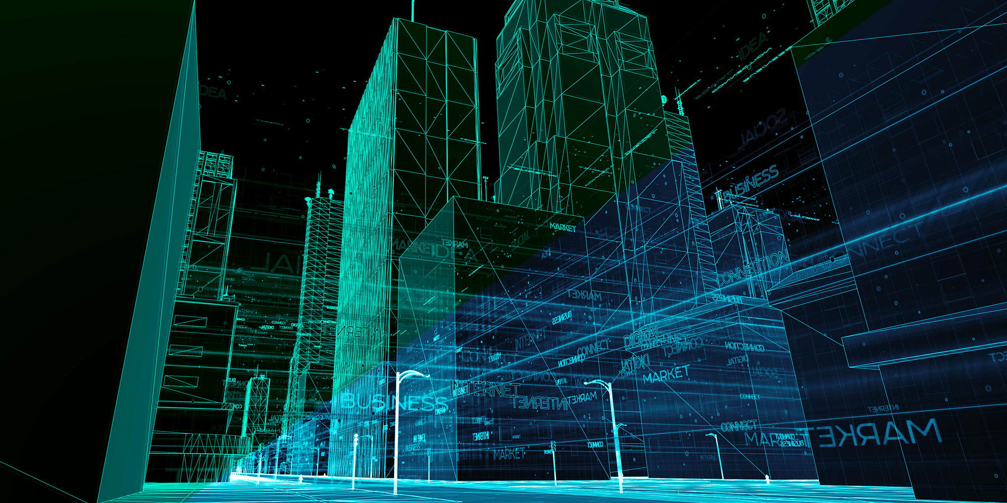 Digital skyscrappers with wireframe texture. Technology and connection concept. Perspective 3d architecture background with wireframe skyscrapers.