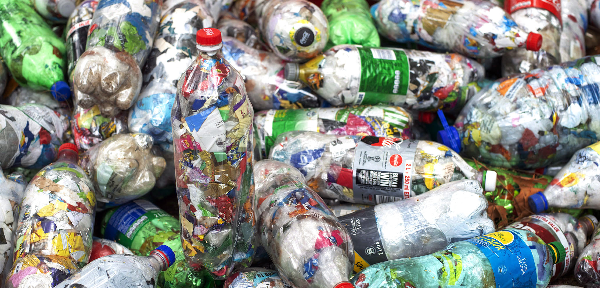 December 14 2020 - Reusable building blocks, Ecobricks, piling up at the DF Malan High School’s outdoor waste processing storage area. Photo by David Harrison