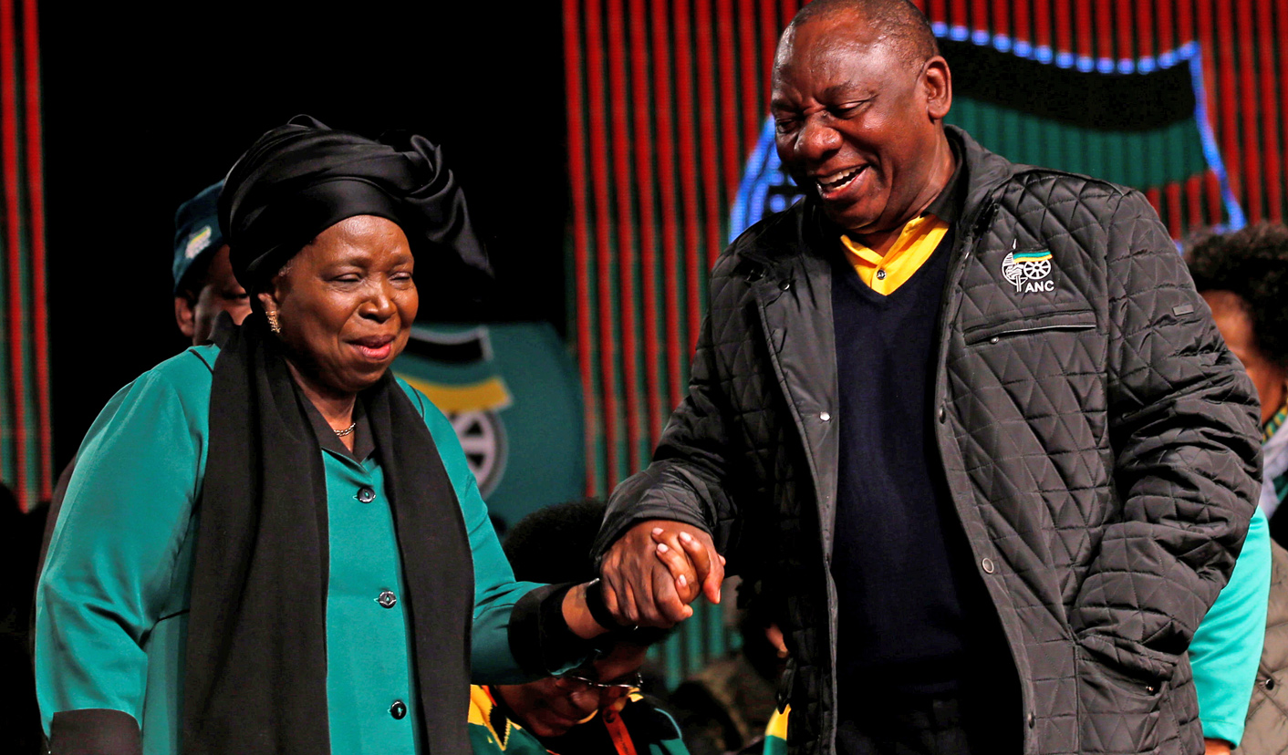 Nkosazana Dlamini-Zuma chats with Cyril Ramaphosa ahead of the African National Congress 5th National Policy Conference at the Nasrec Expo Centre in Soweto