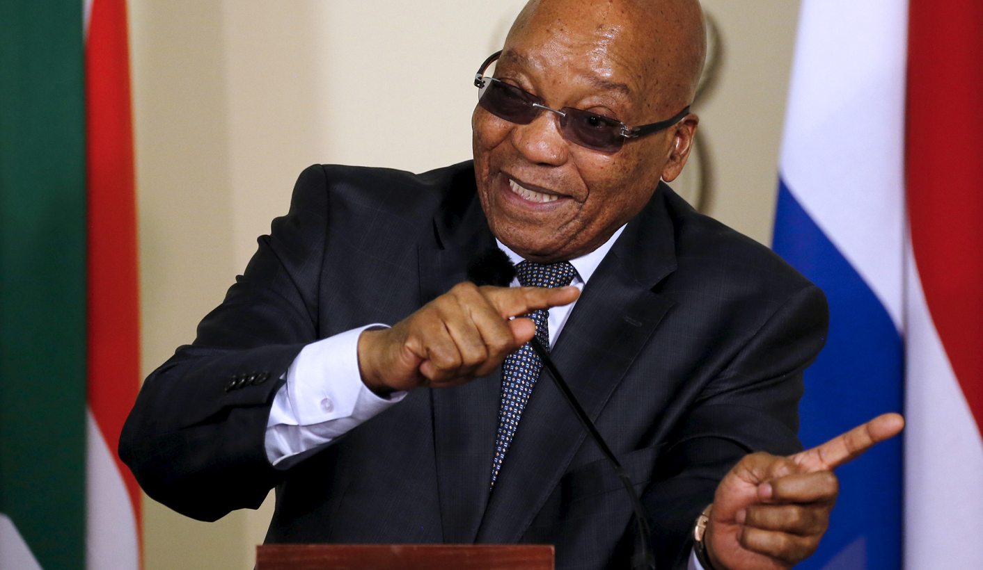 President of South Africa Zuma gestures during a news briefing with Dutch Prime Minister Rutte at the Union Buildings in Pretoria
