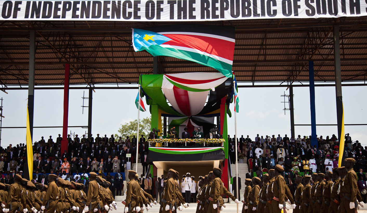 Members of the Sudan People's Liberation Army march during celebrations to mark first anniversary of South Sudan's independence in Juba