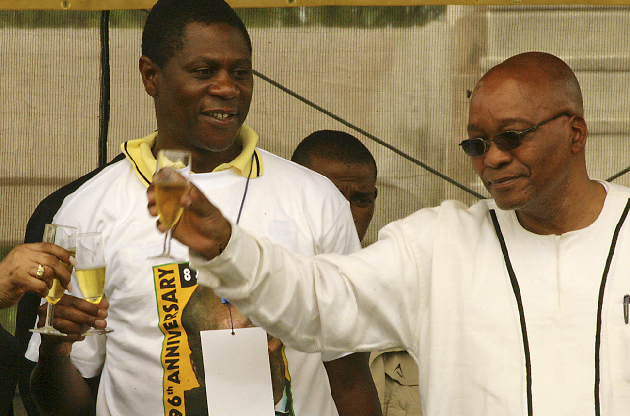 Winnie Madikizela Mandela and Jacob Zuma toast as Paul Mashatile looks on during the ANC 96th Anniversary in Atteridgeville