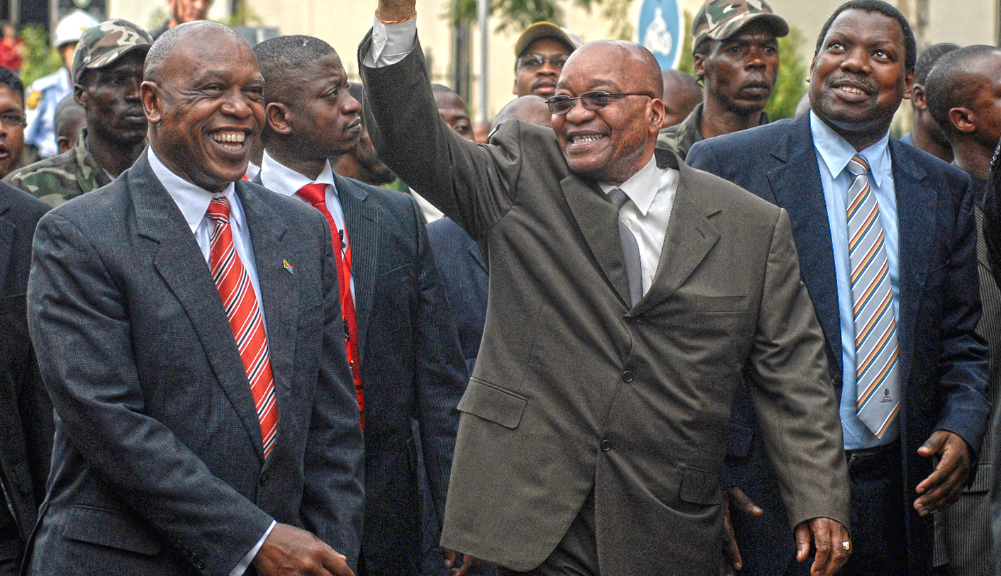 Zuma, leader of South Africa's ruling ANC, waves to his supporters as he walks next to Sexwale and Mkhize in Kwazulu Natal