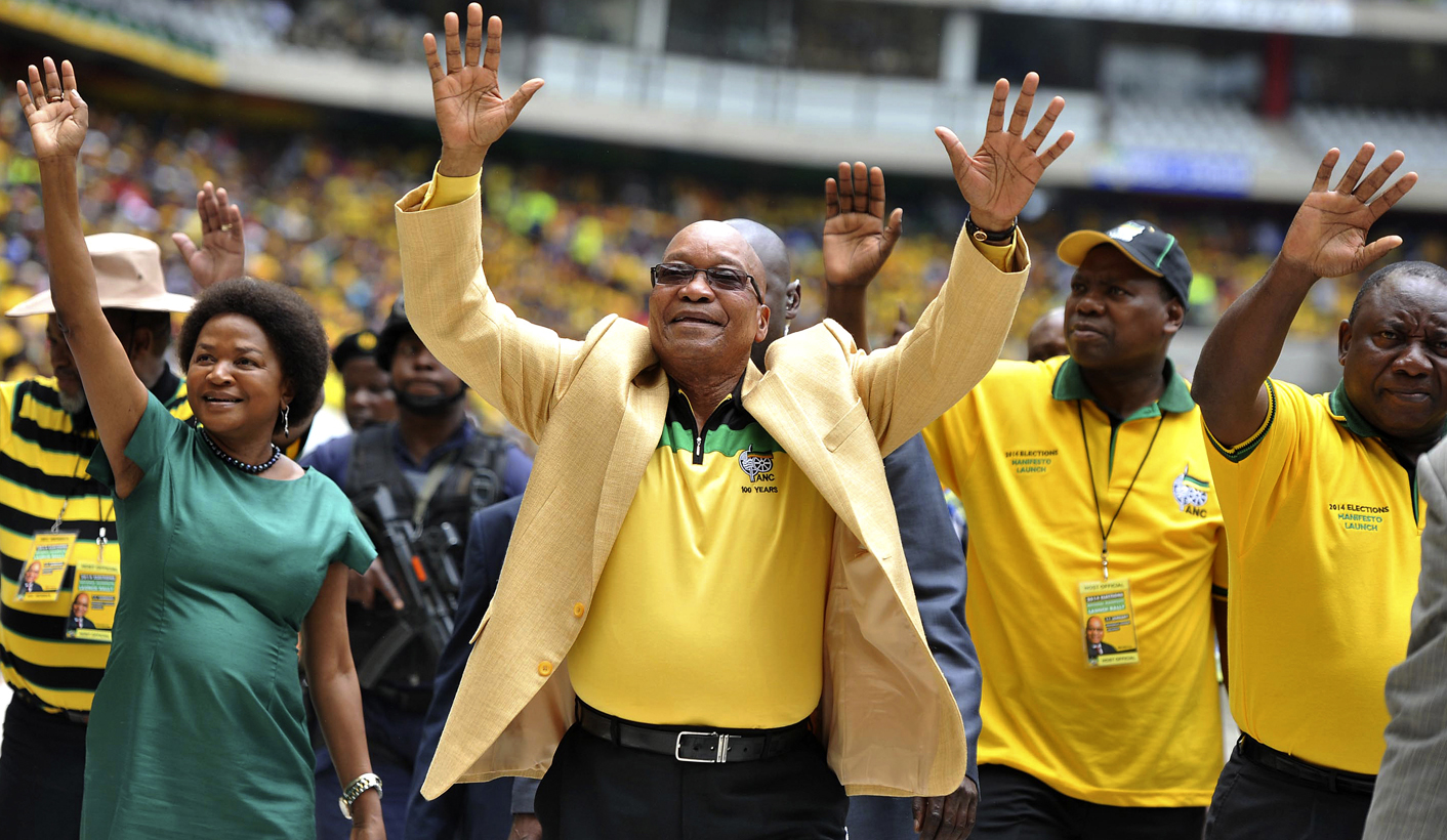South Africa's President Zuma greets his supporters as he arrives for the launch of his party's election manifesto in Nelspruit