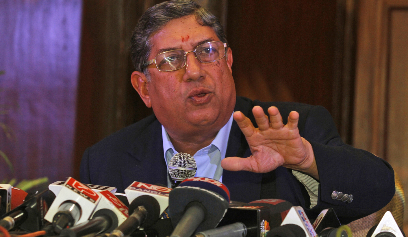 Indian cricket board President Srinivasan speaks to the media during a news conference in Kolkata
