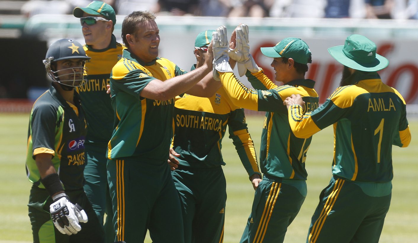 South Africa's Kallis celebrates as he takes the wicket of Pakistan's Shaahzad during the first One Day international cricket match