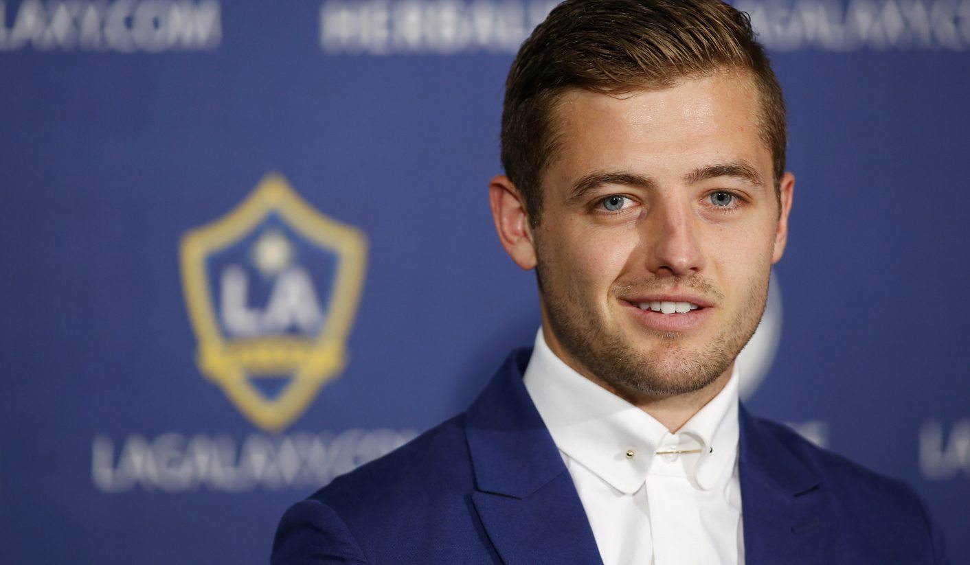 Los Angeles Galaxy midfielder Rogers speaks to the media after making his return to professional soccer in the MLS soccer match against the Seattle Sounders in Carson