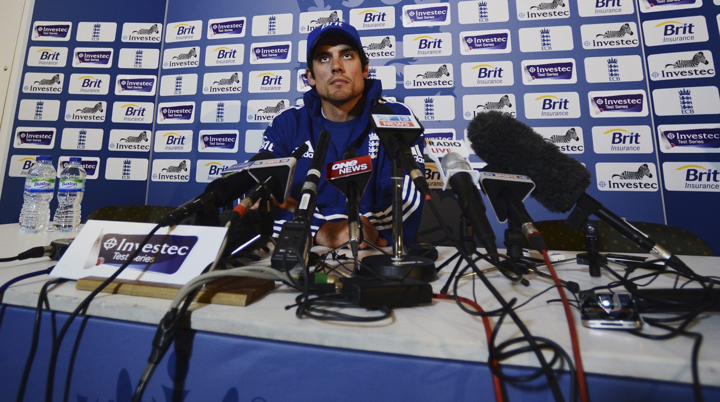 England's captain Cook attends a news conference before Thursday's first test cricket match against New Zealand in London