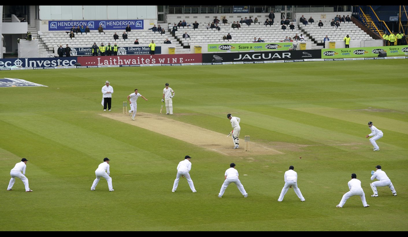 England's Finn bowls to New Zealand's Wagner during the second test cricket match at Headingley cricket ground in Leeds