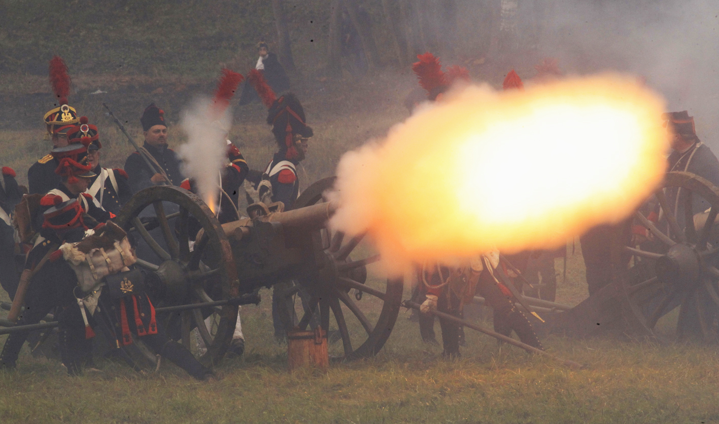 Participants in period costume re-enact the battle of Borodino during anniversary celebrations at the Borodino museum-reserve outside Moscow