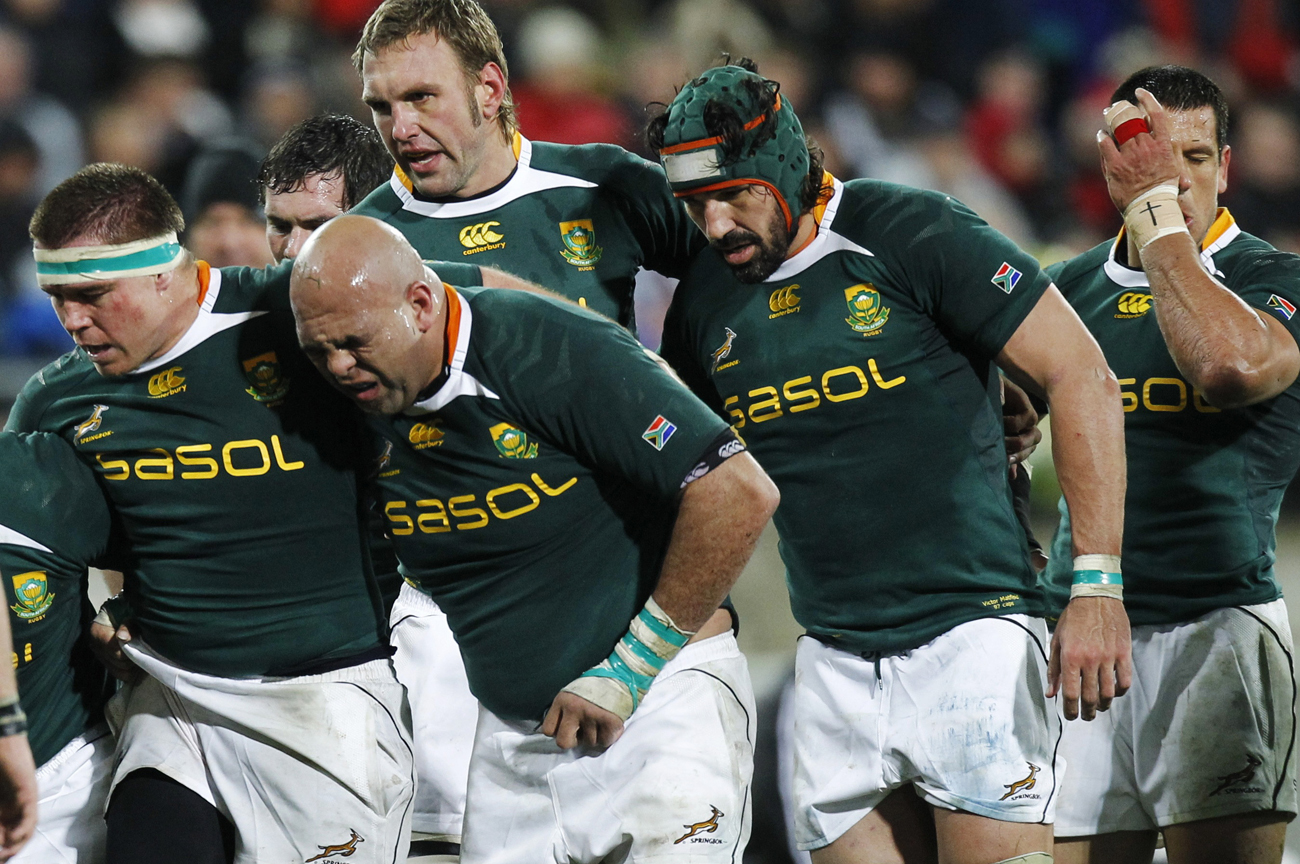 Springboks players react as they prepare for a scrum against the All Blacks during their Tri-Nations match in Wellington