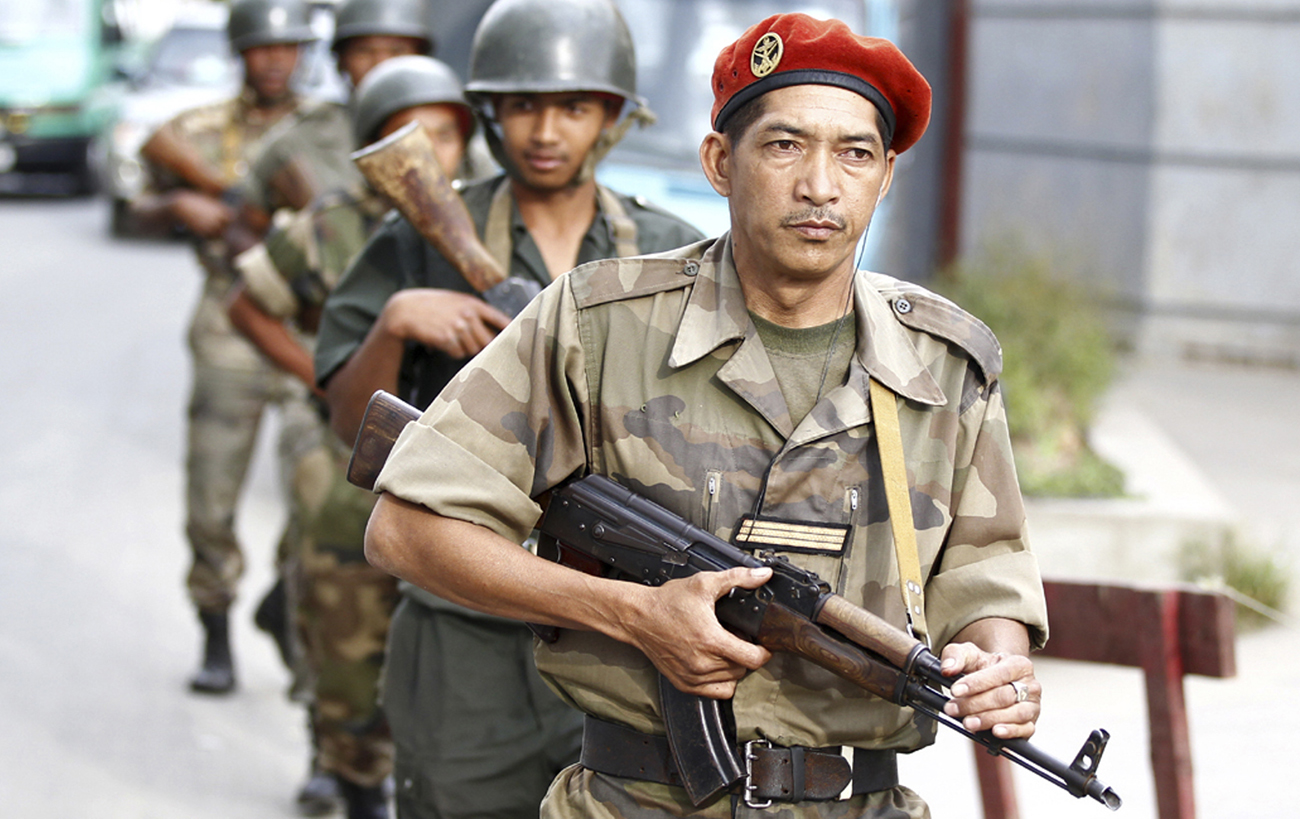 Members of the military patrol the streets of Antanarivo
