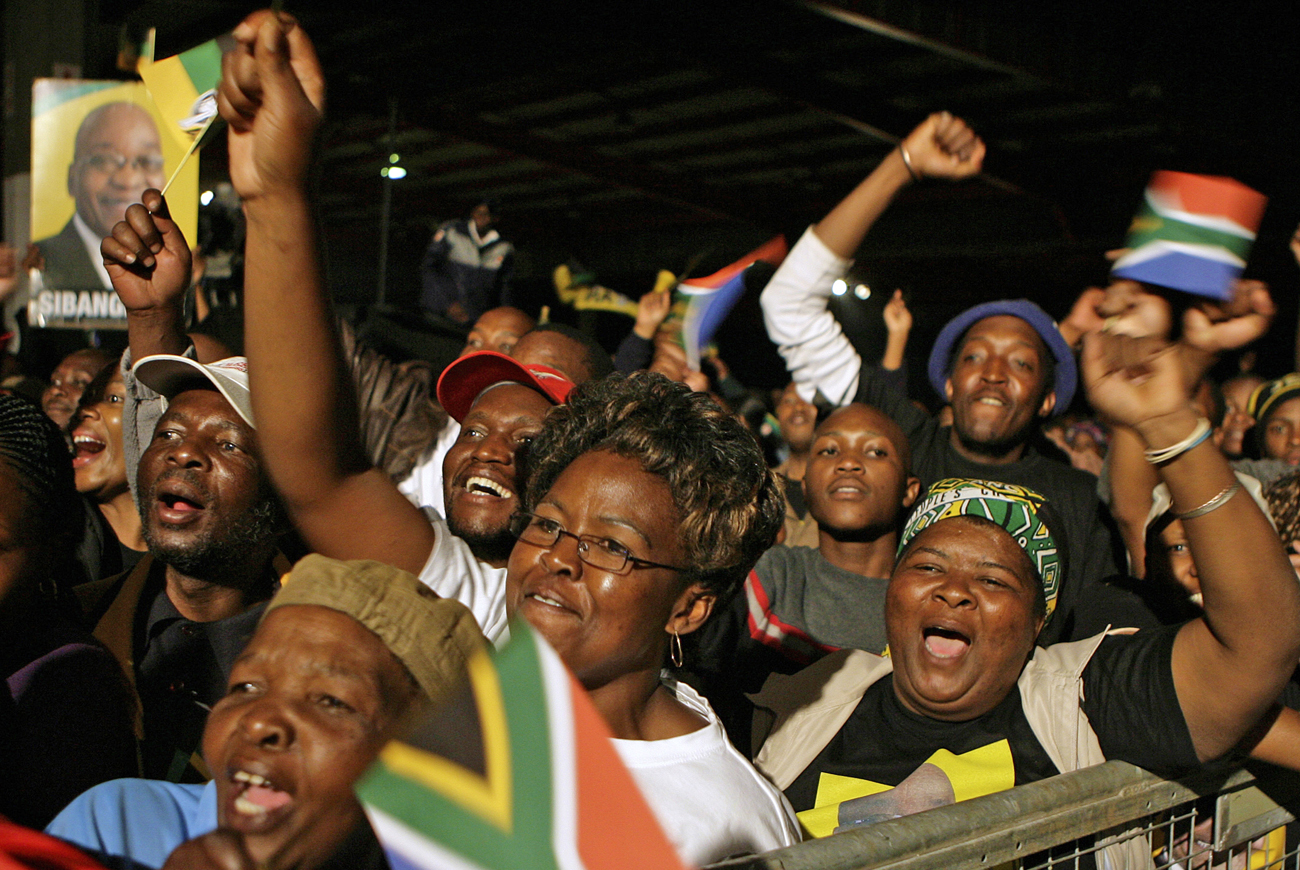 ANC supporters chant slogans during victory celebrations at Nasrec in Johannesburg