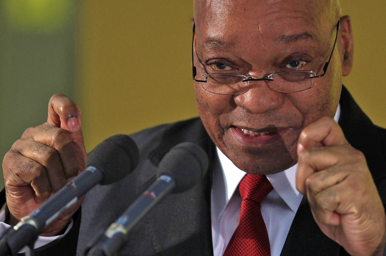 South Africa's President Zuma attends a news conference at Wembley Stadium in London
