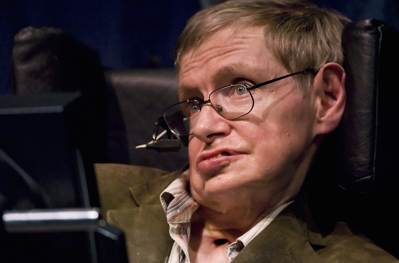 Professor of mathematics at Cambridge University Stephen W. Hawking discusses theories on the origin of the universe in a talk in Berkeley