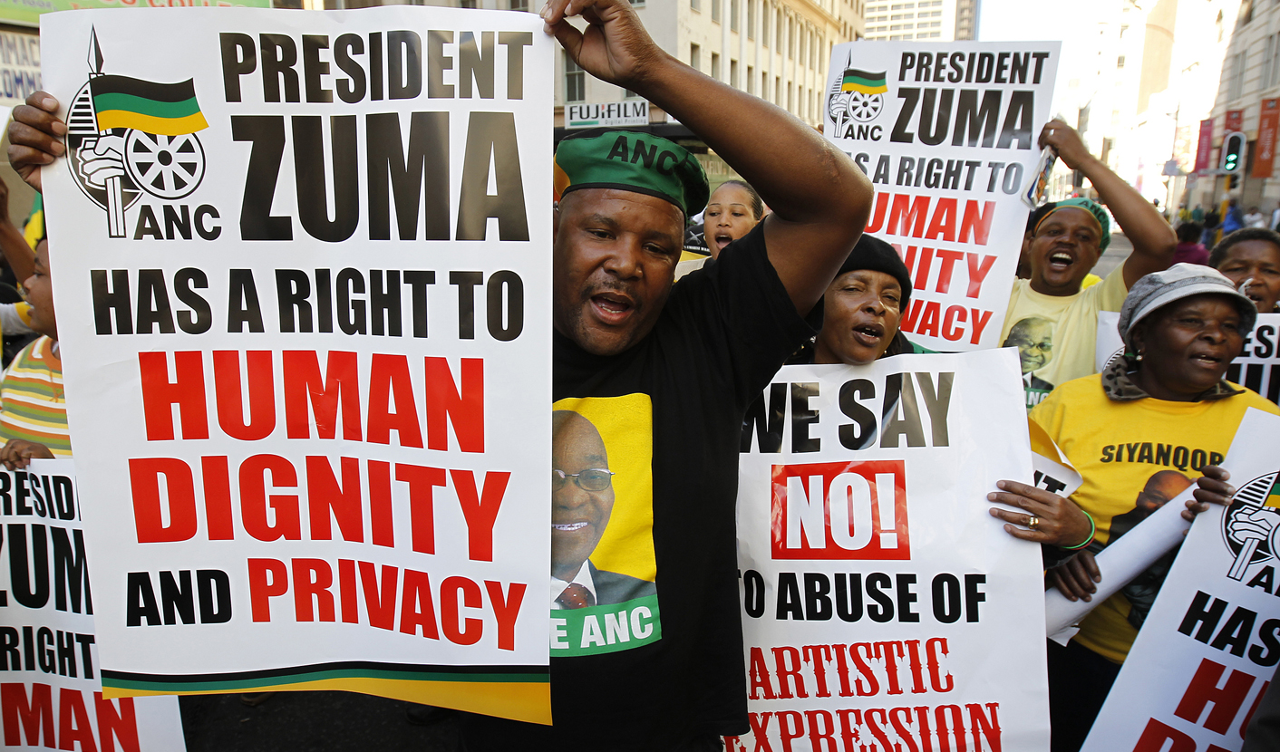 Supporters of the ruling ANC party demonstrate against the showing of a painting, in Johannesburg