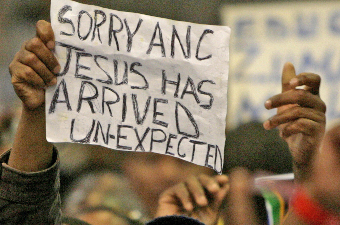 Supporter of Lekota chants slogans during meeting of group of ruling party defectors in Johannesburg