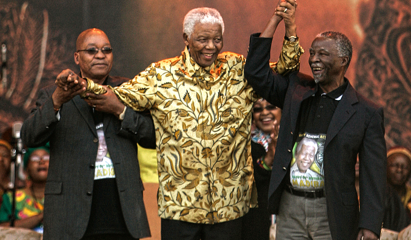 Former South African president Mandela smiles as he arrives with ANC president Zuma and South Africa's president Mbeki at the Loftus stadium in Pretoria