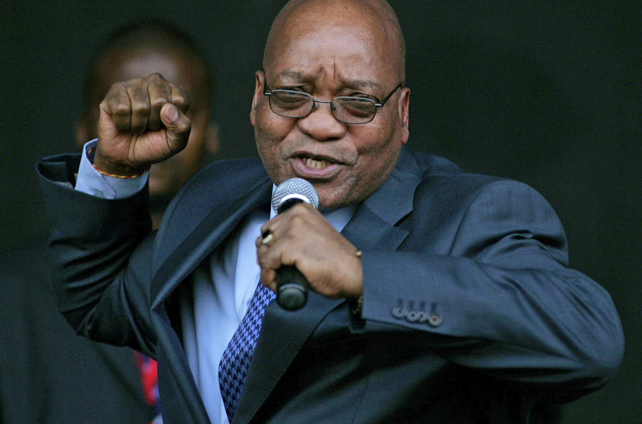 Zuma, leader of South Africa's ruling ANC, sings for his supporters at the Pietermaritzburg high court outside Durban