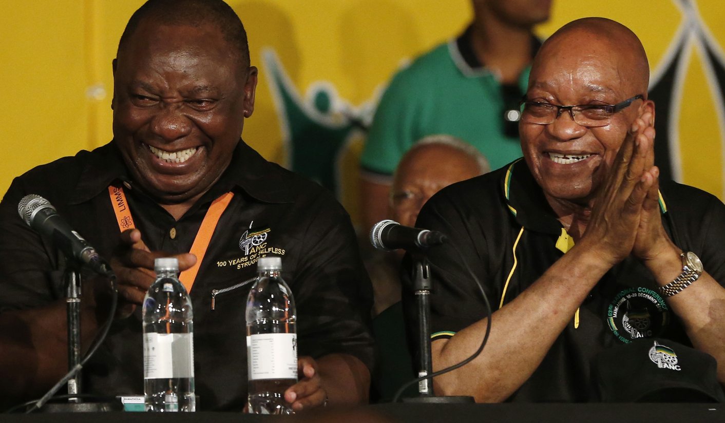 South Africa's President Zuma jokes with his party's newly appointed Deputy President Ramaphosa at the National Conference of the ruling ANC in Bloemfontein