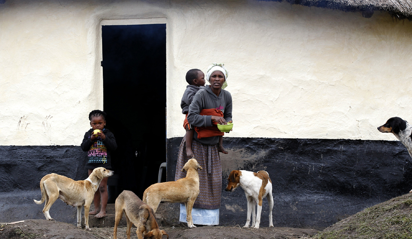 A women is surrounded by dogs as she prepares food  in Mqanduli outside Mthata in South Africa's Eastern Cape province