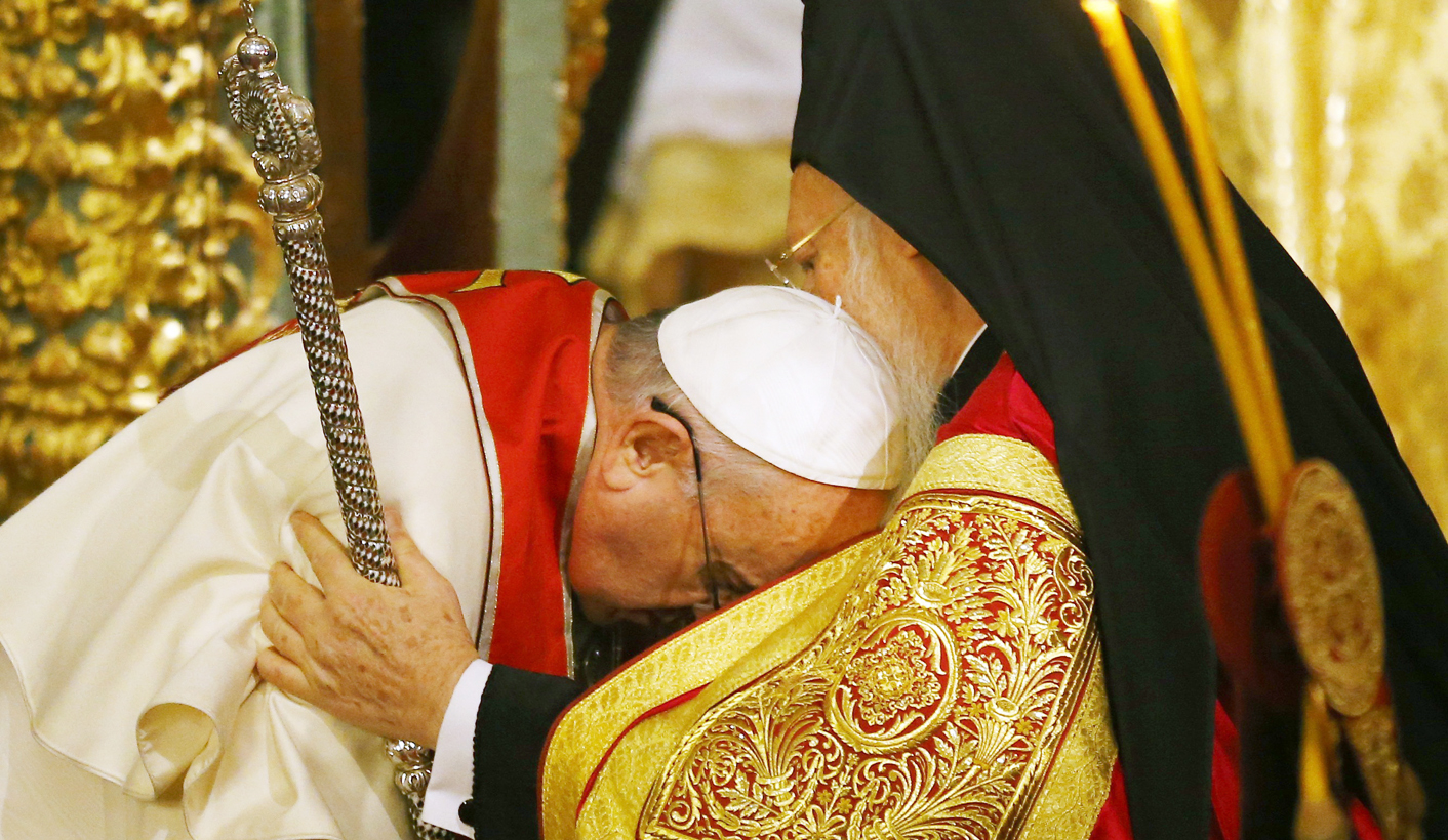 Ecumenical Patriarch Bartholomew I of Constantinople blesses Pope Francis during Ecumenical Prayer in Patriarchal Church of Saint George in Istanbul