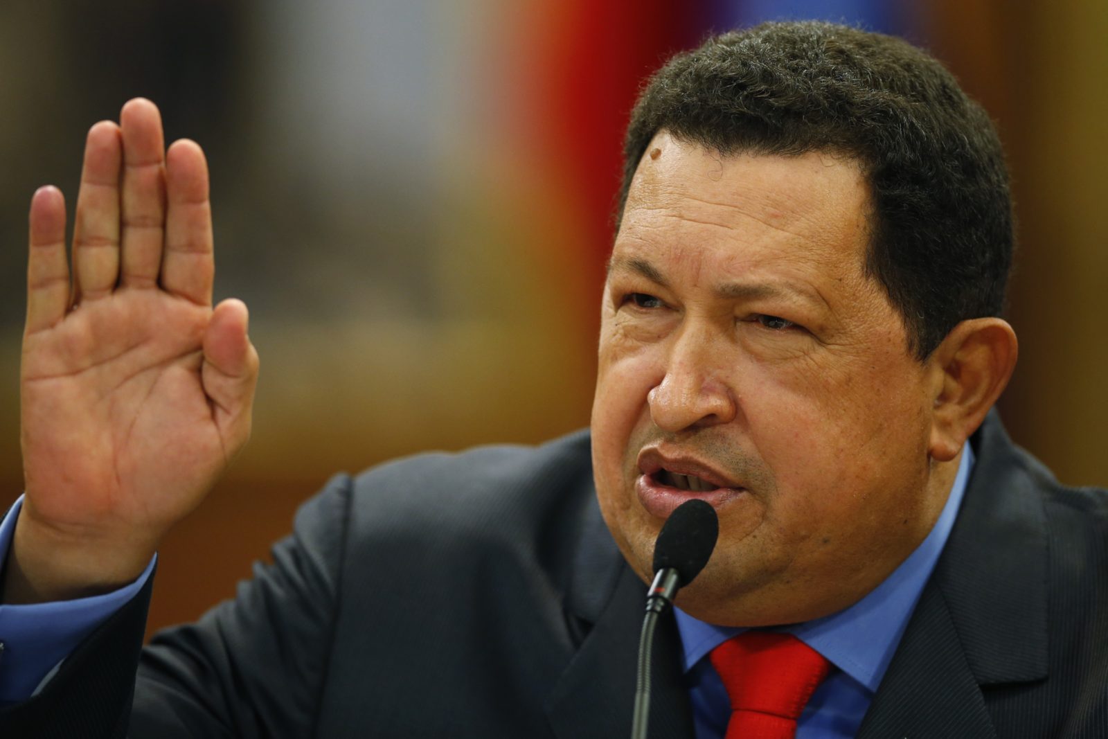 Venezuelan President Hugo Chavez speaks during a news conference after winning elections in Caracas
