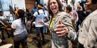 COLUMBIA, SC - JUNE 22: Democratic presidential candidate Sen. Kamala Harris (D-CA) dances with a marching band upon arrival at the 2019 South Carolina Democratic Party State Convention on June 22, 2019 in Columbia, South Carolina. Democratic presidential hopefuls are converging on South Carolina this weekend for a host of events where the candidates can directly address an important voting bloc in the Democratic primary. (Photo by Sean Rayford/Getty Images)