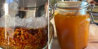 The sacana fermenting and, right, the fermented smooth base as Freddie Dias’ mother made it. (Photos: Absa Kotsokoane)