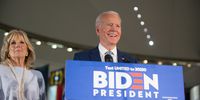 Democratic Party presidential candidate Joe Biden (R), accompanied by his wife Jill Biden (L), speaks at a primary night event at the National Constitution Center in Philadelphia, Pennsylvania, USA, 10 March 2020 (reissued 06 June 2020).   EPA-EFE/TRACIE VAN AUKEN