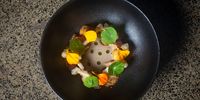 Halaal and fine dining: Chef Anwar Abdullatief’s seasoned foraged chestnut and mushroom velouté, aromatic poached quince, chestnut pomme dauphines, chestnut crumble, dehydrated and tempura shimeji, chicken of the woods, sour fig ‘konfyt’ gel, nasturtium oil. (Photo: The Happy Uncles)<br>
