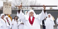 Members of the Druid Order take part in a celebration of the Spring Equinox during a ceremony at Tower Hill  on March 20, 2023 in London, England. Members of the Druid Order marked first day of spring, or vernal equinox, the point at which night and day are of equal length. (Photo by Dan Kitwood/Getty Images)