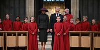 US President Donald Trump (2R) and US First Lady Melania Trump (CL) meet young members of the choir at St George's Chapel) at Windsor Castle during the US president's second State Visit on September 17, 2025 in Windsor, England. (Photo by Andrew Caballero-Reynolds - WPA Pool/Getty Images)