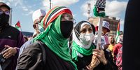 Women stand in solidarity with Palestine during a protest outside Parliament in Cape Town, on Wednesday, 12 May 2021. The protest, organised by the Al-Quds Foundation and the Muslim Judicial Council (MJC), is the second pro-Palestinian protest to take place in Cape Town in two days. (Photo: Victoria O’Regan)