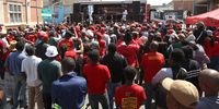 EFF supporters outside East London Magistrates’ Court after EFF Leader Julius Malema was found guility of firearms offences. (Photo: Monde Ndalaza / Stringer) 