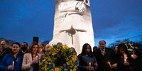 WASHINGTON, DC - APRIL 04: (L-R) Ukrainian Ambassador to the United States Oksana Markarova, House Speaker Nancy Pelosi (D-CA), Martin Luther King III, his wife Arndrea Waters King, and daughter Yolanda Renee King, participate in a vigil at the Martin Luther King Jr. Memorial on April 4, 2022 in Washington, DC. The vigil marks the 54th anniversary of Martin Luther King Jr.'s assassination in Memphis, Tennessee in 1968. (Photo by Sarah Silbiger/Getty Images)