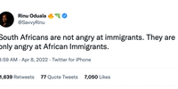 Post claiming that South Africans are only angry at African immigrants.