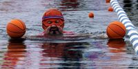 A participant wears a basketball and blows a referee's whistle as he competes in the 'Hat Swim,' portion of the Annual Winter Swimming Festival at Lake Memphremagog in Newport, Vermont, USA, 23 February 2024 (issued 28 February 2024). Every year for the past decade, dozens of swimmers have braved the frigid waters of Lake Memphremagog, which straddles the border between Canada and the United States, for the annual winter swim festival. This year, over 150 cold water swimmers gathered near the small town of Newport, Vermont in late February to spend four days swimming a variety of events in 25-meter lanes that were cut out of the frozen lake, about 300 meters from the shore. Many of the participants have been cold swimmers for several years, with a number of them having started after indoor pools and social distancing regulations were enacted during the Covid-19 pandemic. Others have found mental help and physical relief from cold swimming. Several swim in cold waters nearly everyday of the year. The event at Lake Memphremagog was created 10 years ago by organizer Phil White. After large sections of ice were cut out of the frozen lake for an ice maze, he was asked what to do about the hole left in the ice. He replied: “Well, we could go swimming.” Ten years later, what began as a joke has become an annual tradition that attracts hardy swimmers from around the world to Lake Memphremagog.  EPA-EFE/CJ GUNTHER  ATTENTION: This Image is part of a PHOTO SET