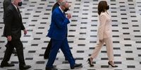 WASHINGTON, DC - APRIL 28:  U.S. Vice President Kamala Harris followed by Senate Majority Leader Chuck Schumer (D-NY) and Senate Minority Leader Mitch McConnell (R-KY) walk toward the House Chamber in Statuary Hall of the U.S. Capitol for a speech by U.S. President Joe Biden to a joint session of Congress in the House chamber of the U.S. Capitol April 28, 2021 in Washington, DC. On the eve of his 100th day in office, Biden spoke about his plan to revive America's economy and health as it continues to recover from a devastating pandemic. He delivered his speech before 200 invited lawmakers and other government officials instead of the normal 1600 guests because of the ongoing COVID-19 pandemic. (Photo by Sarah Silbiger-Pool/Getty Images)
