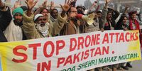 People hold banner as they shout slogans during a protest against an US drone attack in North-Waziristran tribal agency, in Multan, Pakistan, 08 January 2013. A US missile strike in north-western Pakistan killed an al-Qaeda official and at least seven other militants on 08 January, an intelligence official said. Several missiles struck two compounds in Haider Khel village near Mir Ali, the second-biggest town in the North Waziristan tribal district near the Afghan border, the official said on condition of anonymity. More than 350 US drone strikes in Pakistan have killed at least 2,625 people, up to 889 of them civilians, including children, since 2004, according to London-based non-profit group Bureau of Investigative Journalism.  EPA/STR