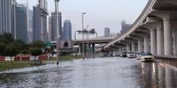 Vehicles pass in flooded roads caused by heavy rain in Dubai, United Arab Emirates, 26 January 2023. Heavy rainfall in many cities in the UAE caused traffic delays and road closures.  EPA-EFE/ALI HAIDER