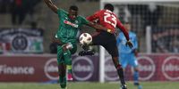 Bongi Ntuli  of Amazulu FC and Innocent Maela   of Orlando Pirates during the Absa Premiership match between AmaZulu FC and Orlando Pirates at King Zwelithini Stadium on August 20, 2019 in Durban, South Africa. (Photo by Anesh Debiky/Gallo Images)