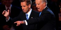 Joe Biden, right, a Democratic senator from Delaware and vice presidential running mate of presidential candidate Senator Barack Obama of Illinois, walks with his son Joseph "Beau" Biden, attorney general of Delaware, on day three of the Democratic National Convention (DNC) in Denver, Colorado, U.S., on Wednesday, Aug. 27, 2008. The DNC ends on Aug. 28.  (Photo by Matthew Staver/Bloomberg via Getty Images)