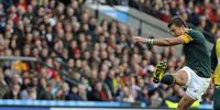 South Africa's Handre Pollard kicks a penalty during the Rugby World Cup 2015 quarter final match between South Africa and Wales at Twickenham Stadium, London, Britain, 17 October 2015.  EPA/GERRY PENNY